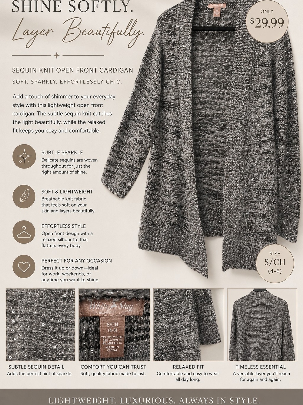 White Stag Gray Sequin Knit Open-Front Cardigan